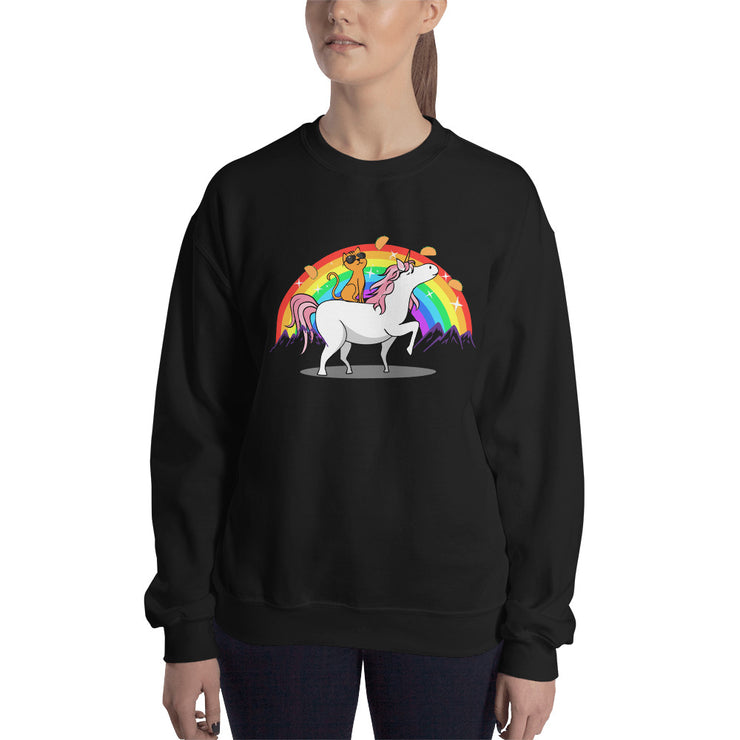 Women Funny Unicorn Cat Rainbow Crew Sweatshirt Pullover